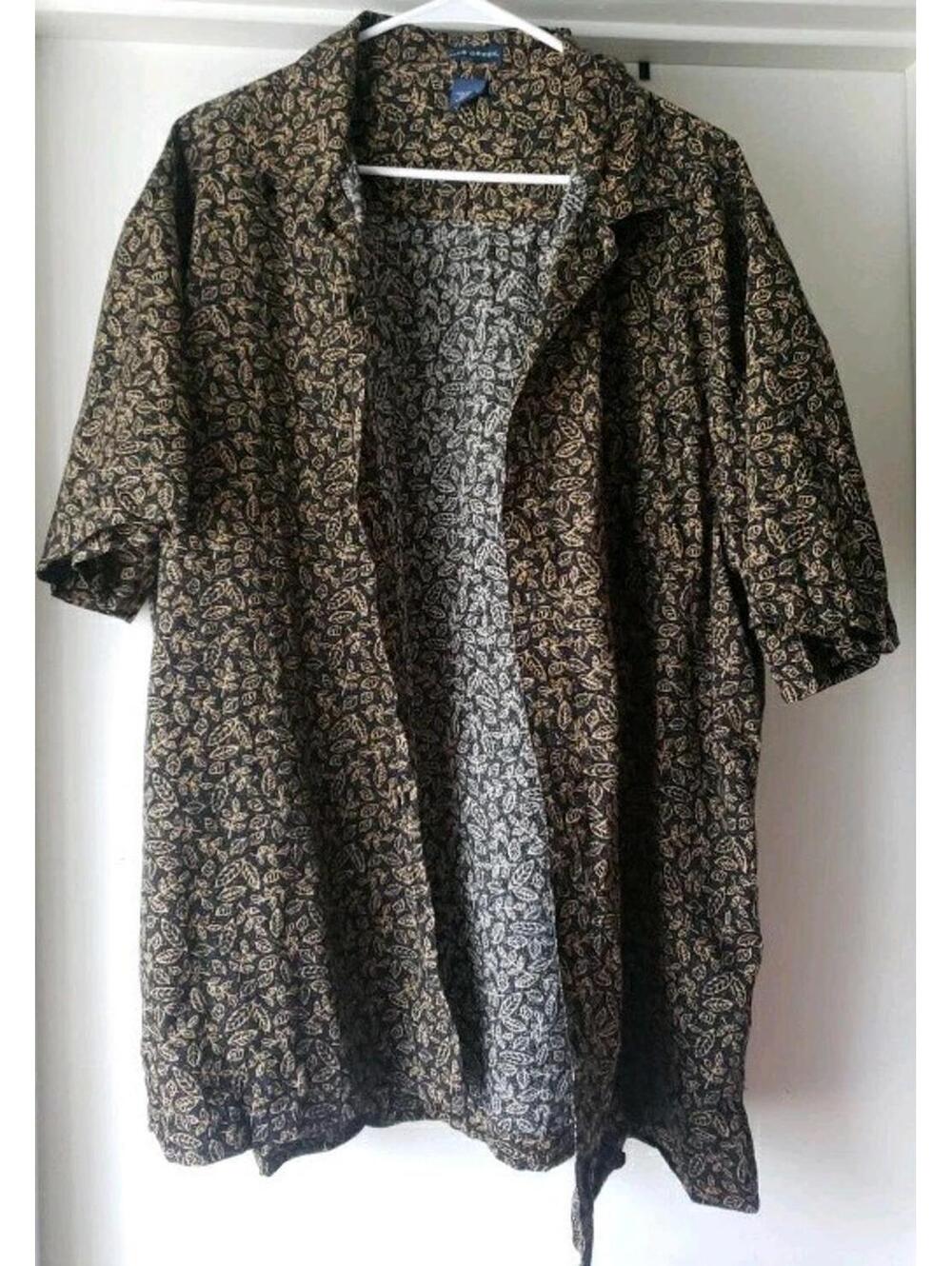 Falls Creek Gold Leaves On Black XL Button Up Short Sleeve 100% Cotton Collared